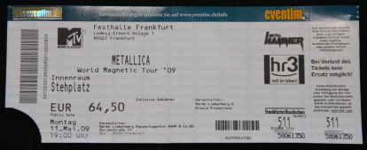 Metallica Konzertkarte - World Magnetic Tour 2009 - Frankfurt Festhalle - 11.05.2009